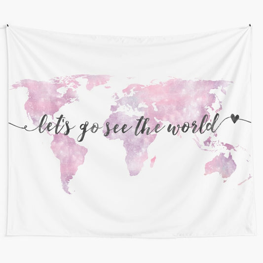 Wanderlust world map tapestry featuring a watercolor design