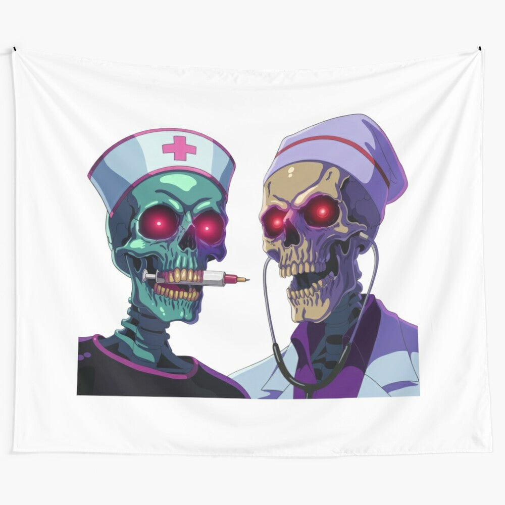 Evil doctor tapestry with medical symbols and dark imagery