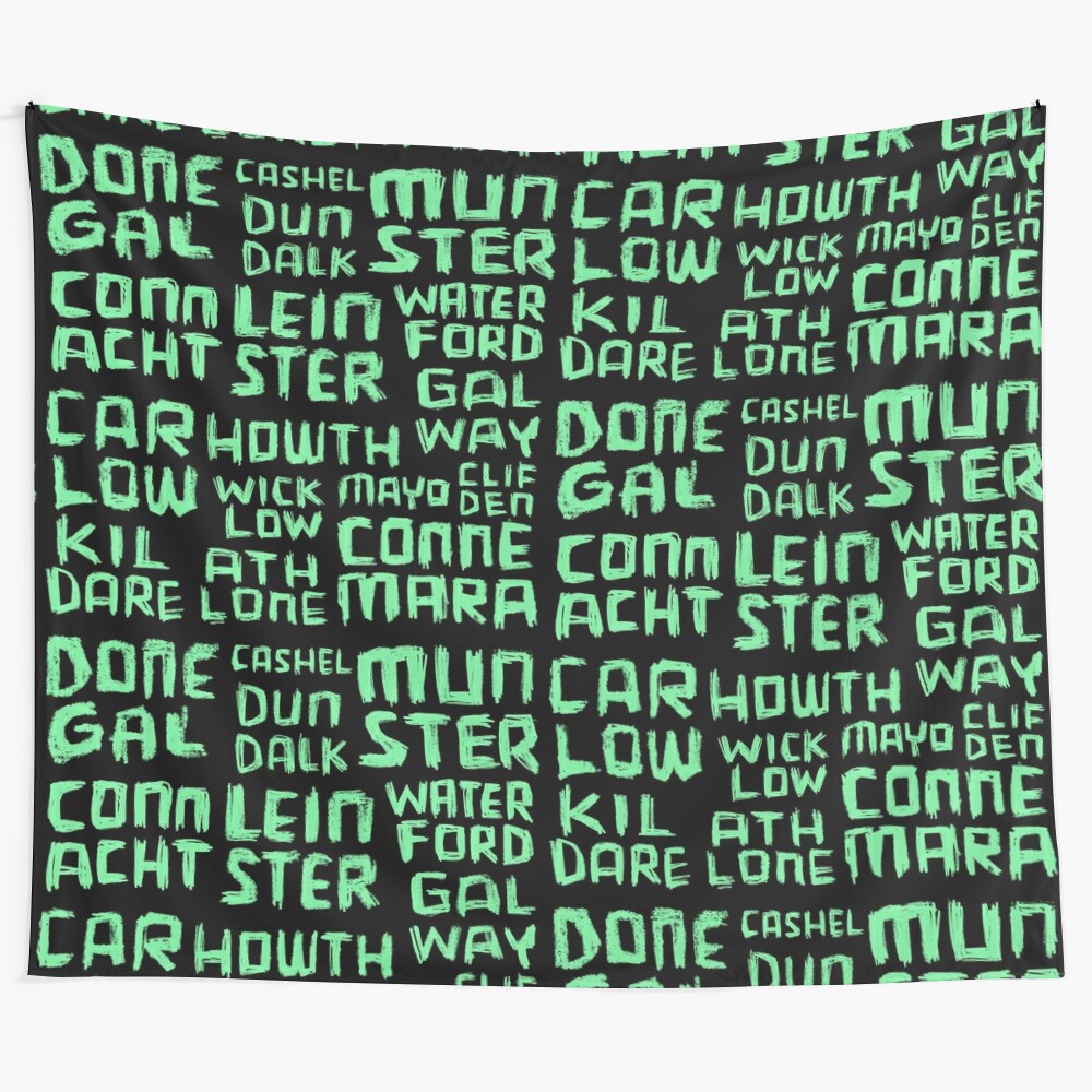 Mint green Irish landscape tapestry with text