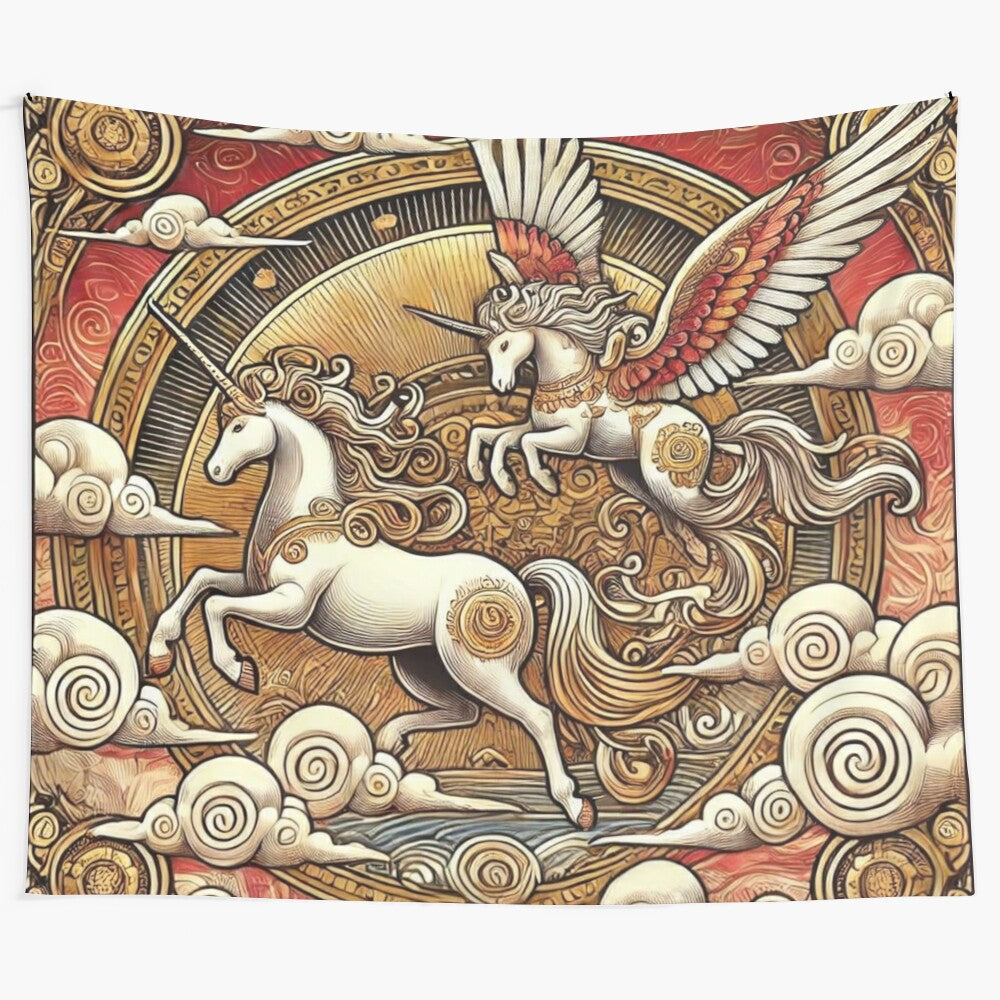 Ethereal tapestry depicting a winged unicorn soaring through a cosmic dreamscape