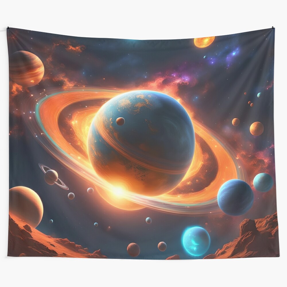 Stunning tapestry featuring planets, galaxy, and celestial objects