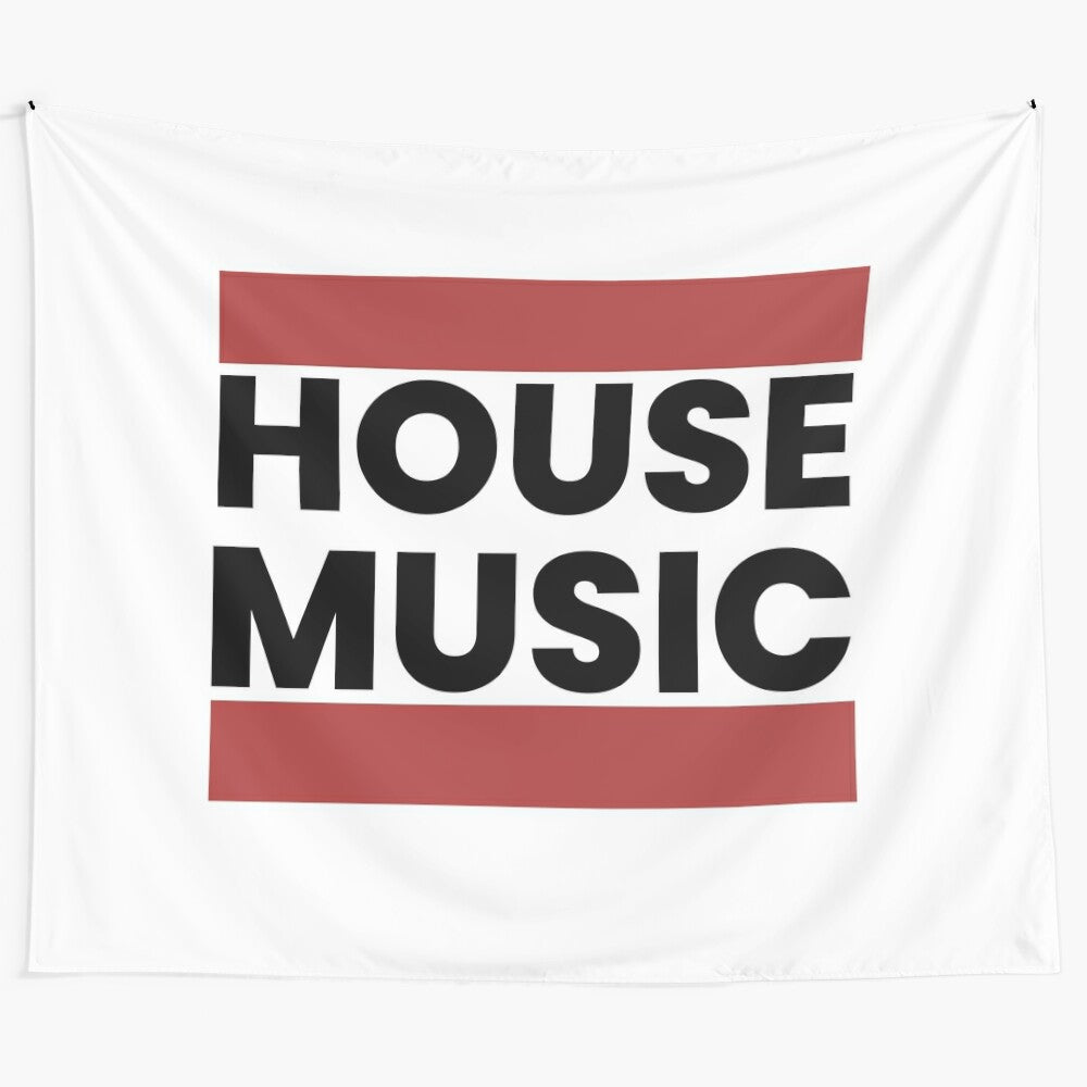 Vibrant house music tapestry featuring DJ equipment and dance festival imagery