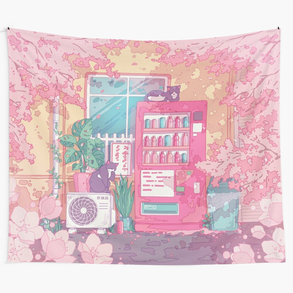 Tapestry depicting a peaceful urban scene with stray cats, a vending machine, and pink cherry blossom trees