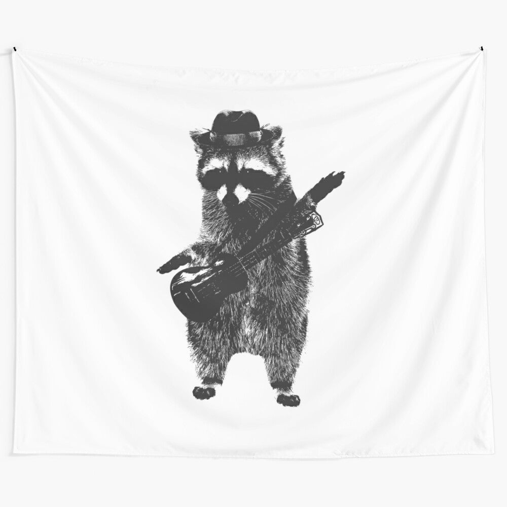 Whimsical tapestry featuring a raccoon playing a ukulele in a quirky, artistic design