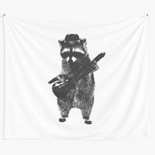 Whimsical tapestry featuring a raccoon playing a ukulele in a quirky, artistic design