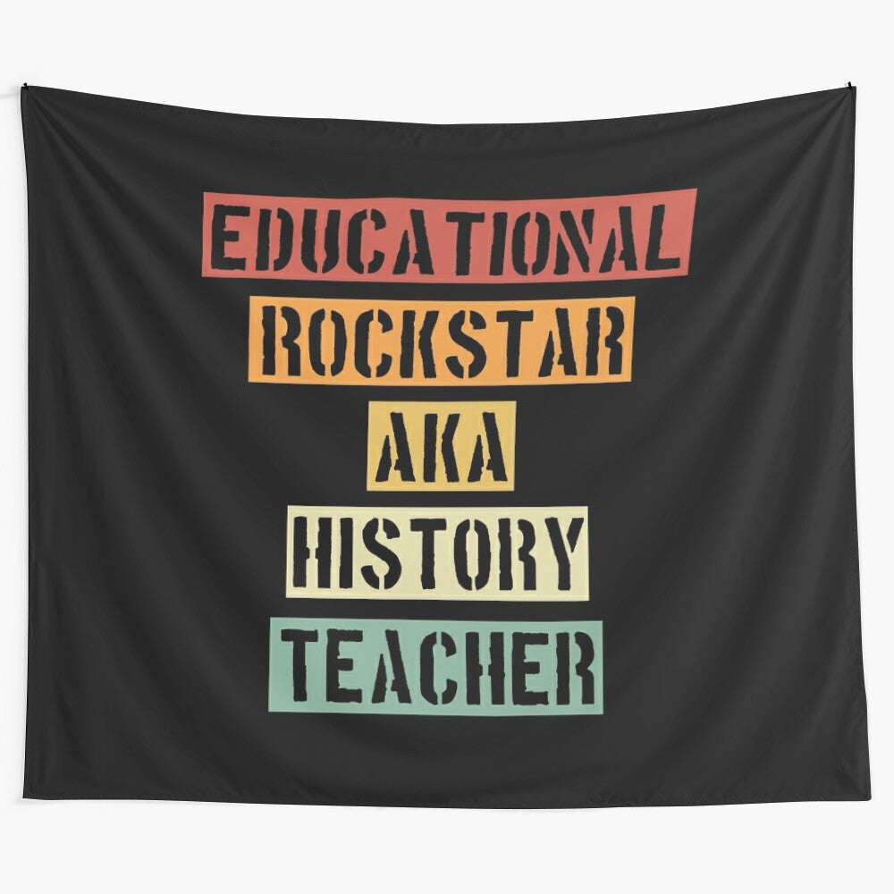 Retro-inspired educational tapestry featuring an "Educational Rockstar" teacher design