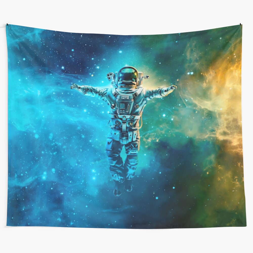 Celestial tapestry featuring a dreamy, futuristic space scene with an astronaut