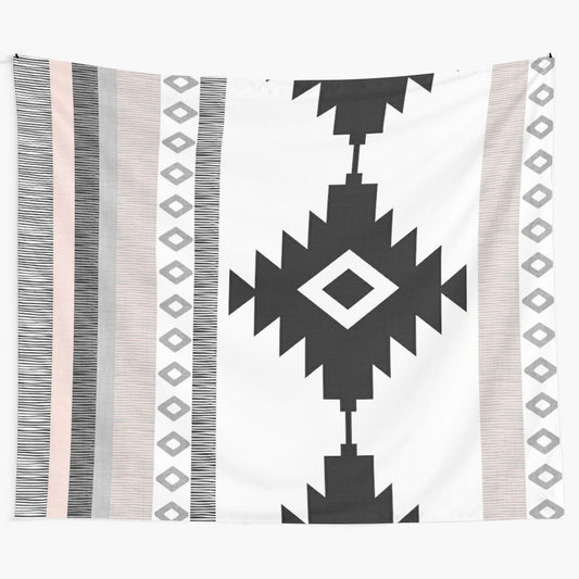 Stylish tribal tapestry with geometric patterns in pink, black, and white colors