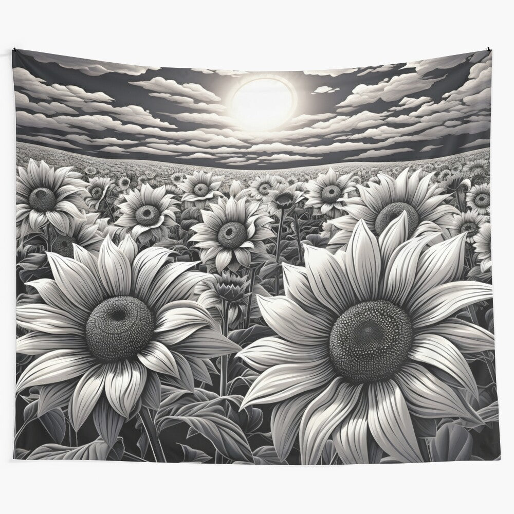 Black and white sunflower meadow print tapestry