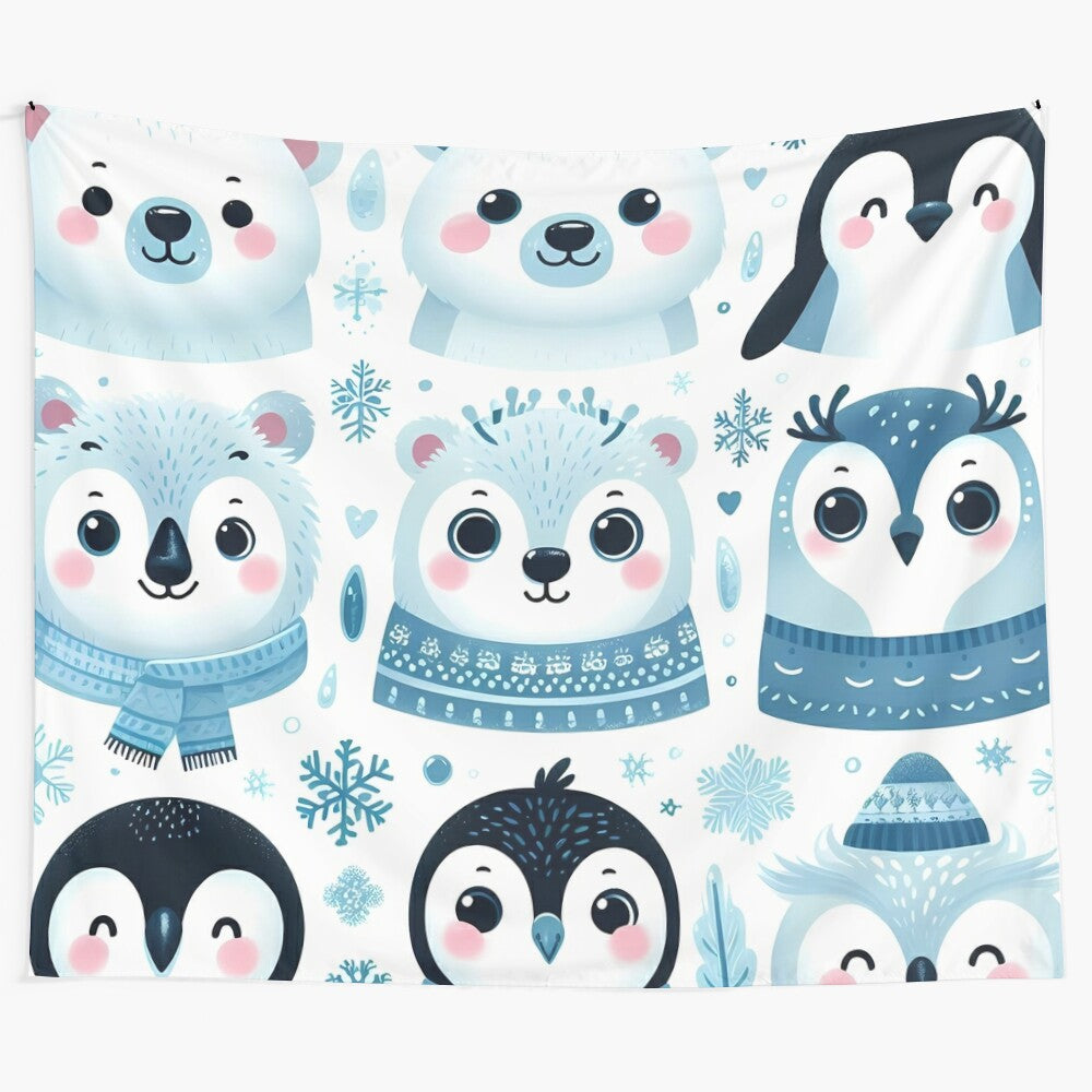 Cute winter animals tapestry featuring polar bears, penguins, and other arctic creatures in a kawaii style design