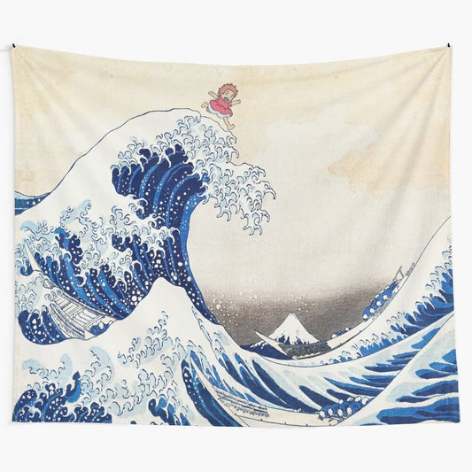 Ponyo riding the waves tapestry featuring the beloved anime character from Studio Ghibli