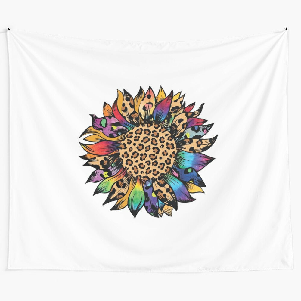 Sunflower leopard pattern tapestry with vibrant yellow sunflowers