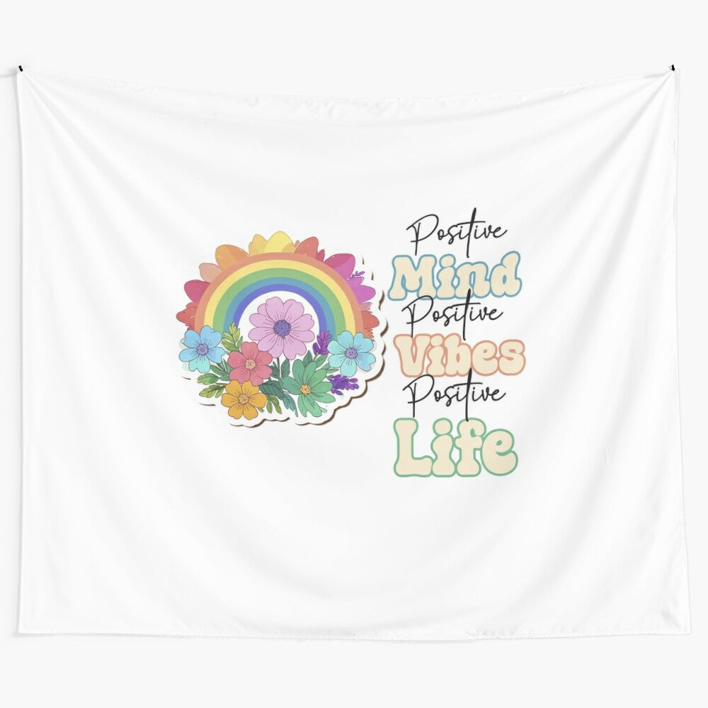 Retro "Positive Vibes" Tapestry featuring uplifting motivational affirmations and floral design