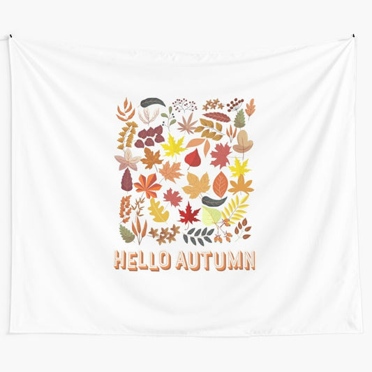 Autumn-themed tapestry featuring colorful falling leaves in shades of orange, green, and yellow