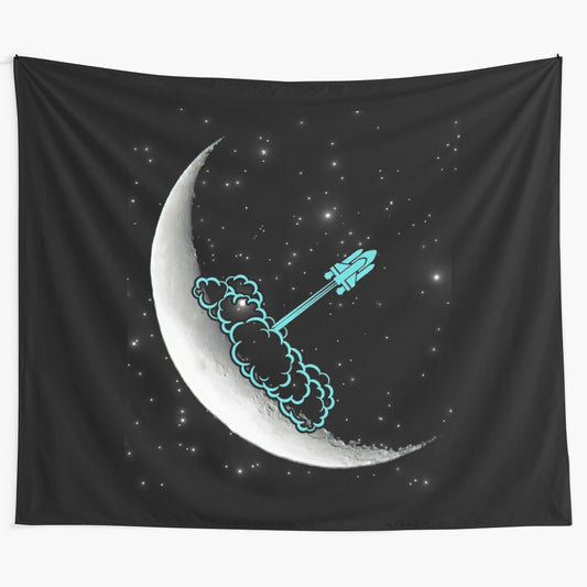 Stunning tapestry depicting a space shuttle against the backdrop of the moon