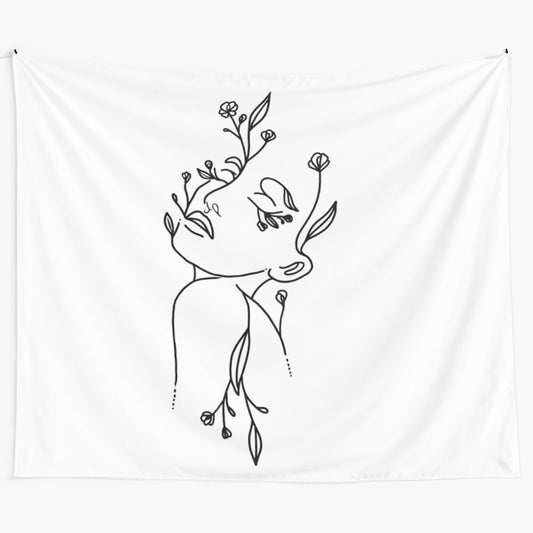 Minimalist line art tapestry featuring a woman's silhouette with flowers