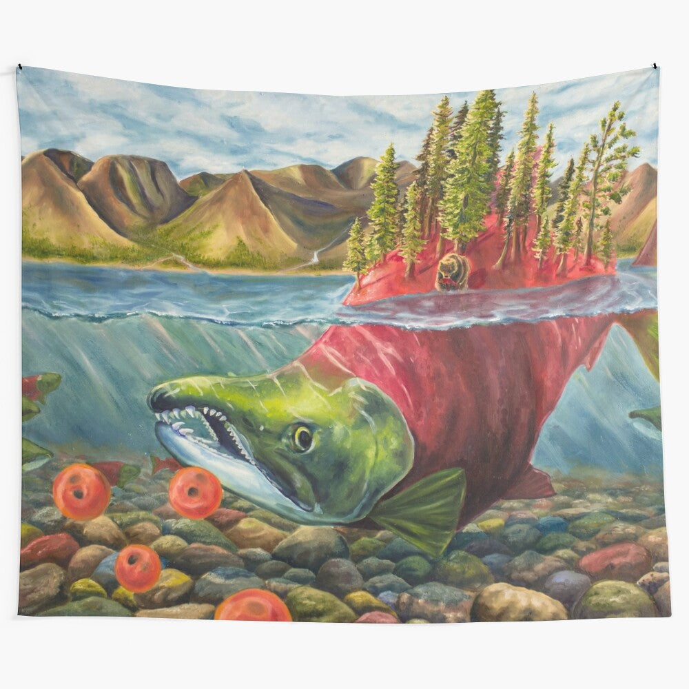 Sockeye salmon tapestry featuring the natural beauty of Bristol Bay, Alaska