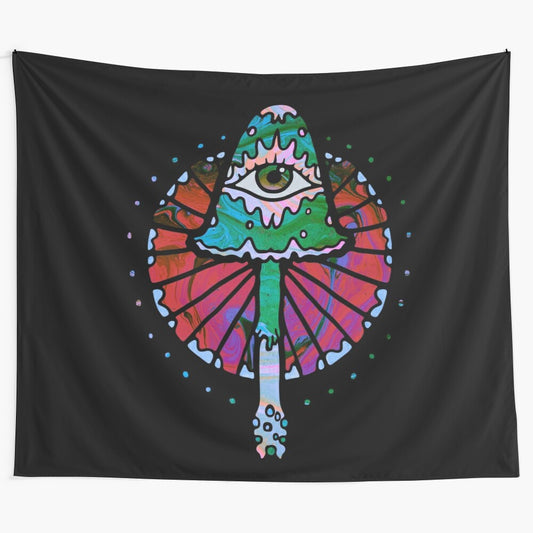 Colorful psychedelic tapestry featuring trippy mushroom and galaxy design