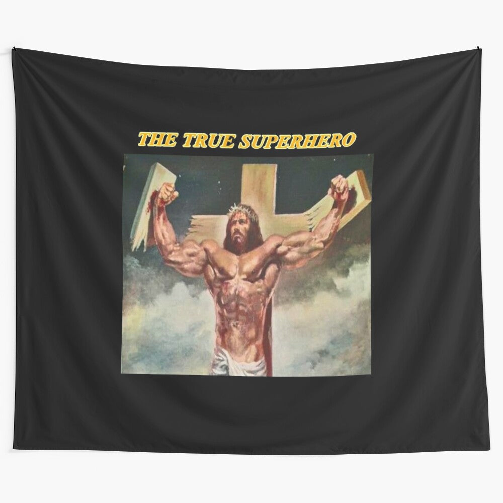 Jesus Christ, the divine superhero, depicted in a powerful religious tapestry