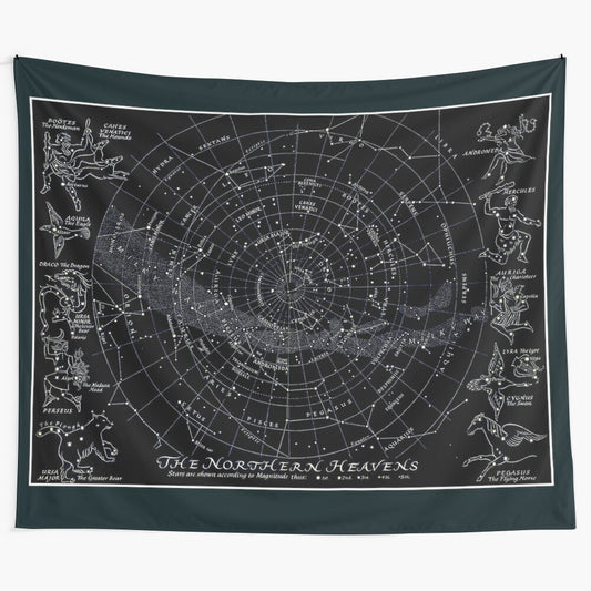 Vintage-inspired star map tapestry featuring constellations and celestial elements