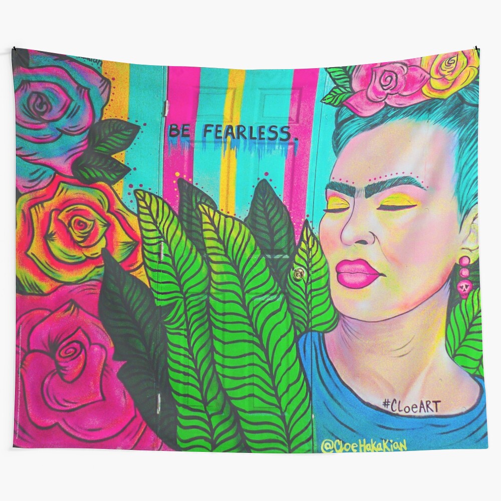 Colorful Frida Kahlo graffiti-style tapestry featuring bold, empowering design