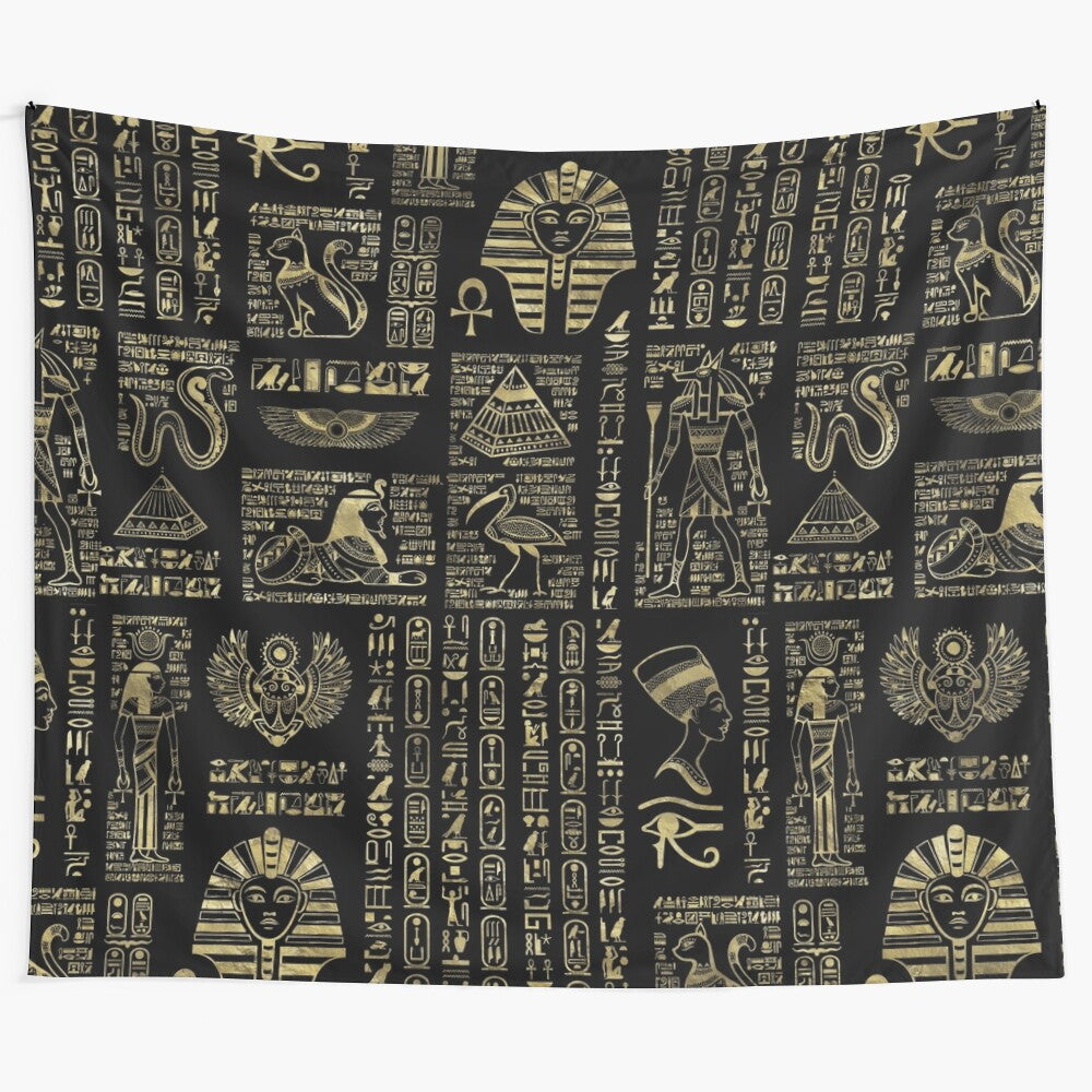 Ancient Egyptian hieroglyphic and deity gold design on black tapestry