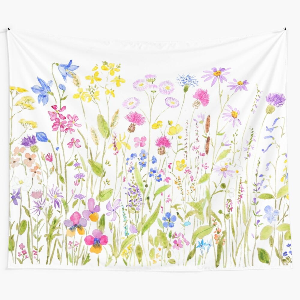 Colorful hand painted watercolor meadow fields tapestry with botanical floral design