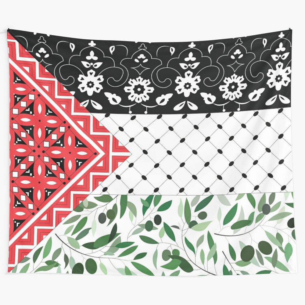 Palestinian flag tapestry with olive and keffiyeh patterns