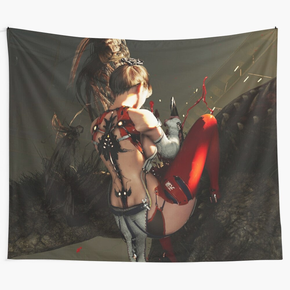 Stellar Blade inspired video game tapestry featuring characters and scenes from the game