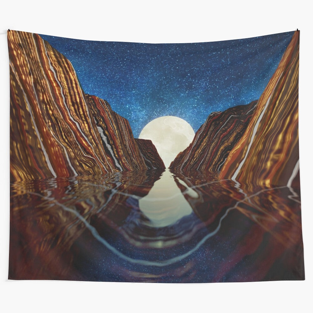 Serene moon reflection tapestry with a celestial landscape