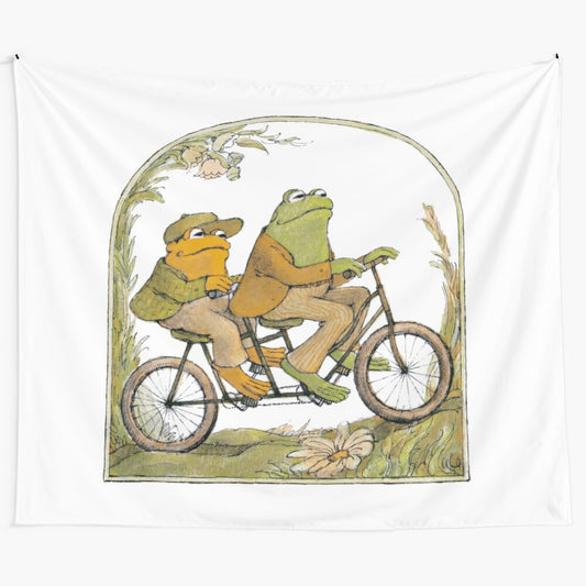 Frog and toad tapestry featuring a charming illustration of two friends in a cottage core-inspired setting