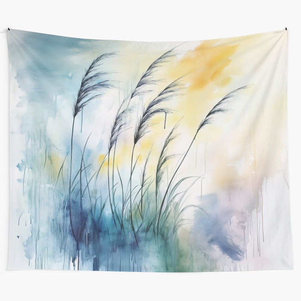 Windblown Grasses Abstract Watercolor Landscape Wall Tapestry