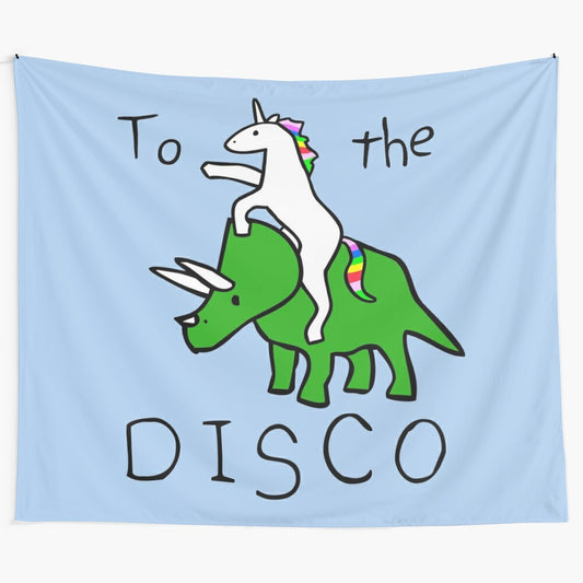 Psychedelic tapestry featuring a unicorn riding a triceratops, with a disco-inspired background