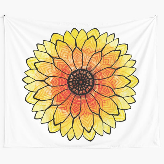 Sunflower mandala tapestry with vibrant yellow flowers and bohemian design