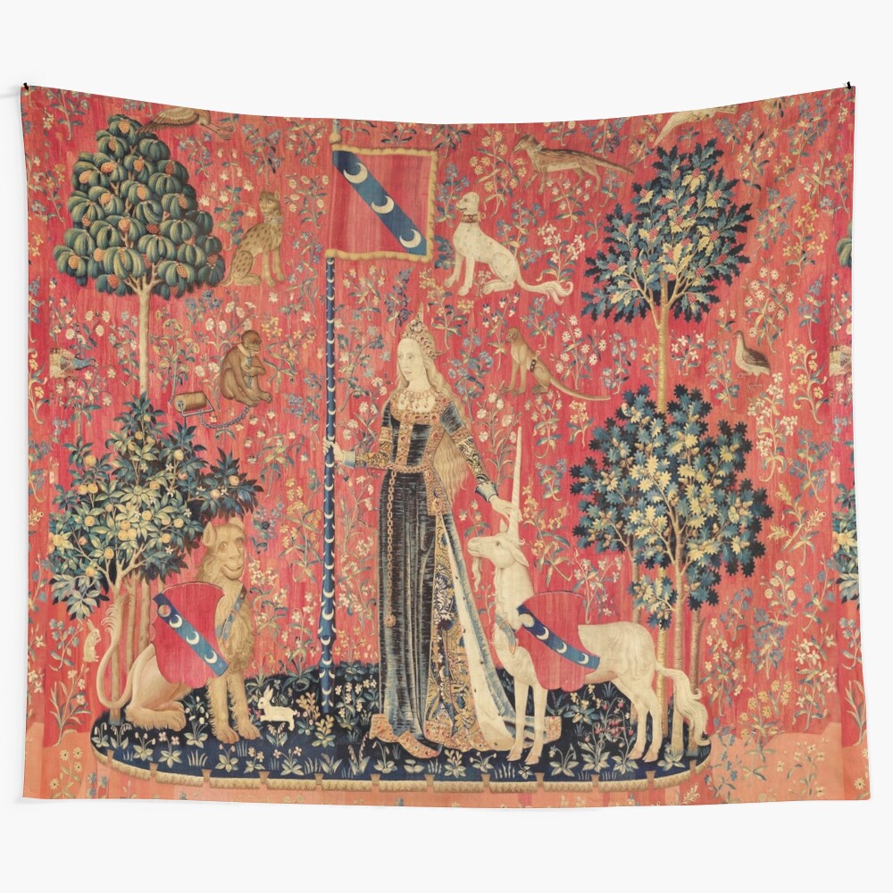 Enchanting fantasy tapestry featuring a mythical unicorn amidst lush floral blooms