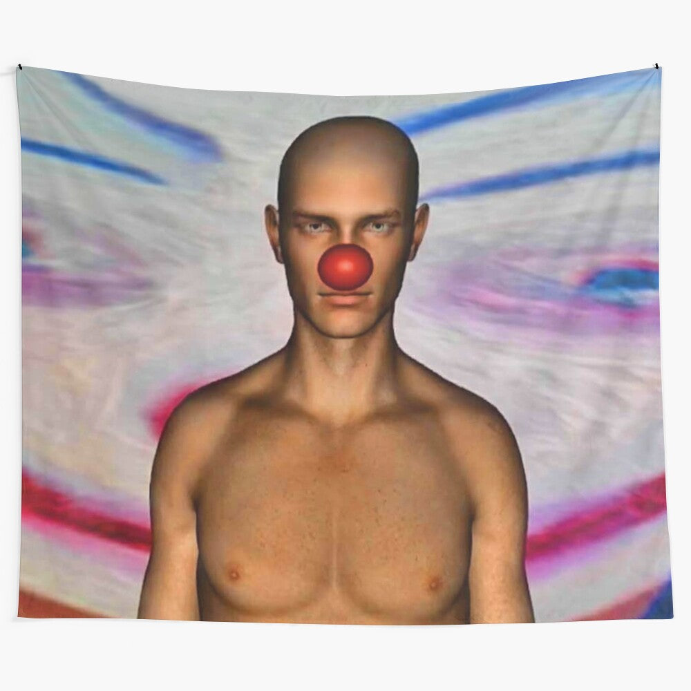 Colorful clown tapestry with abstract, psychedelic patterns