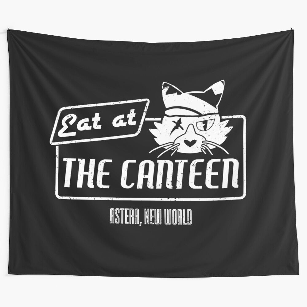 Monster Hunter World inspired black and white tapestry featuring the Canteen in Astera