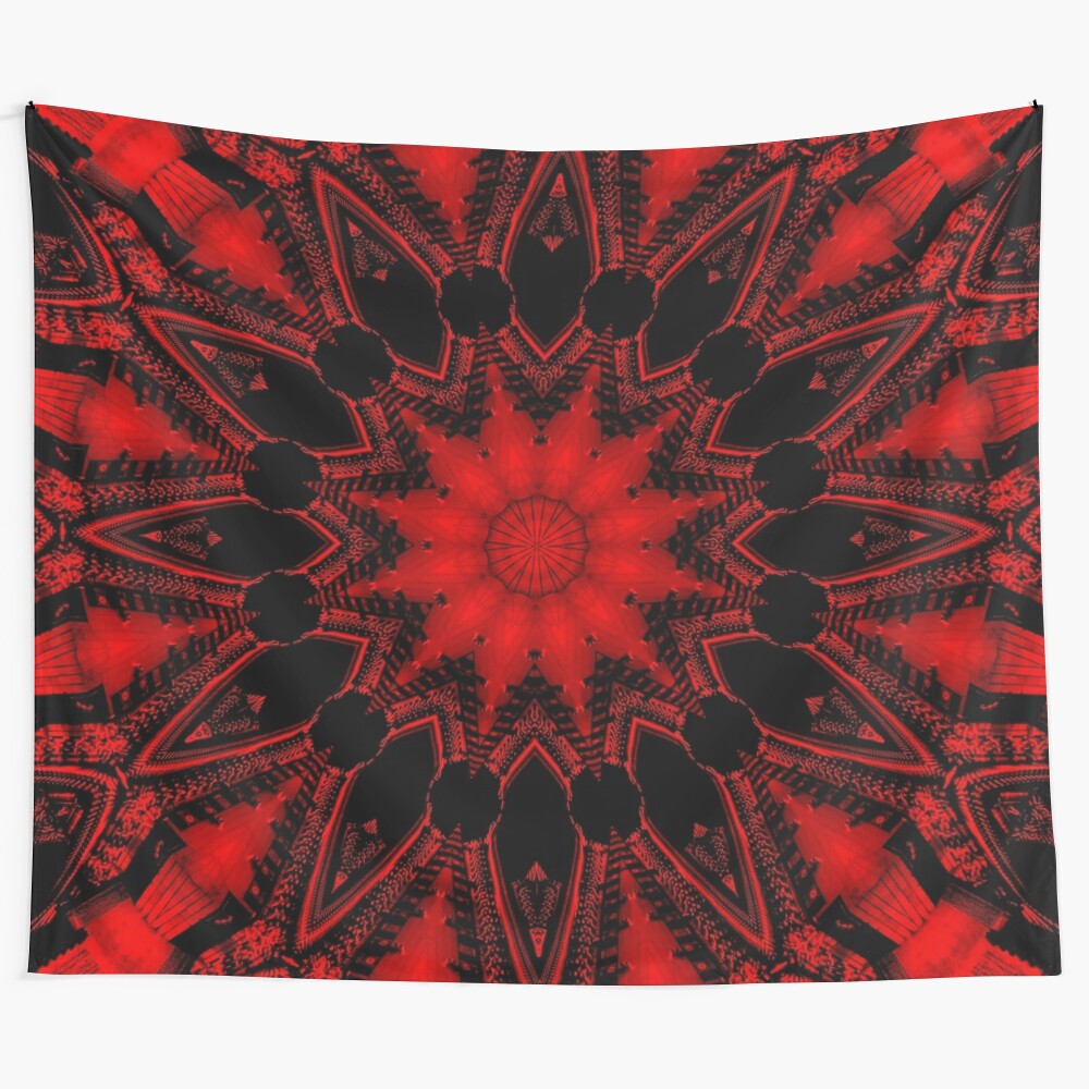 Red mandala tapestry with geometric shapes and patterns