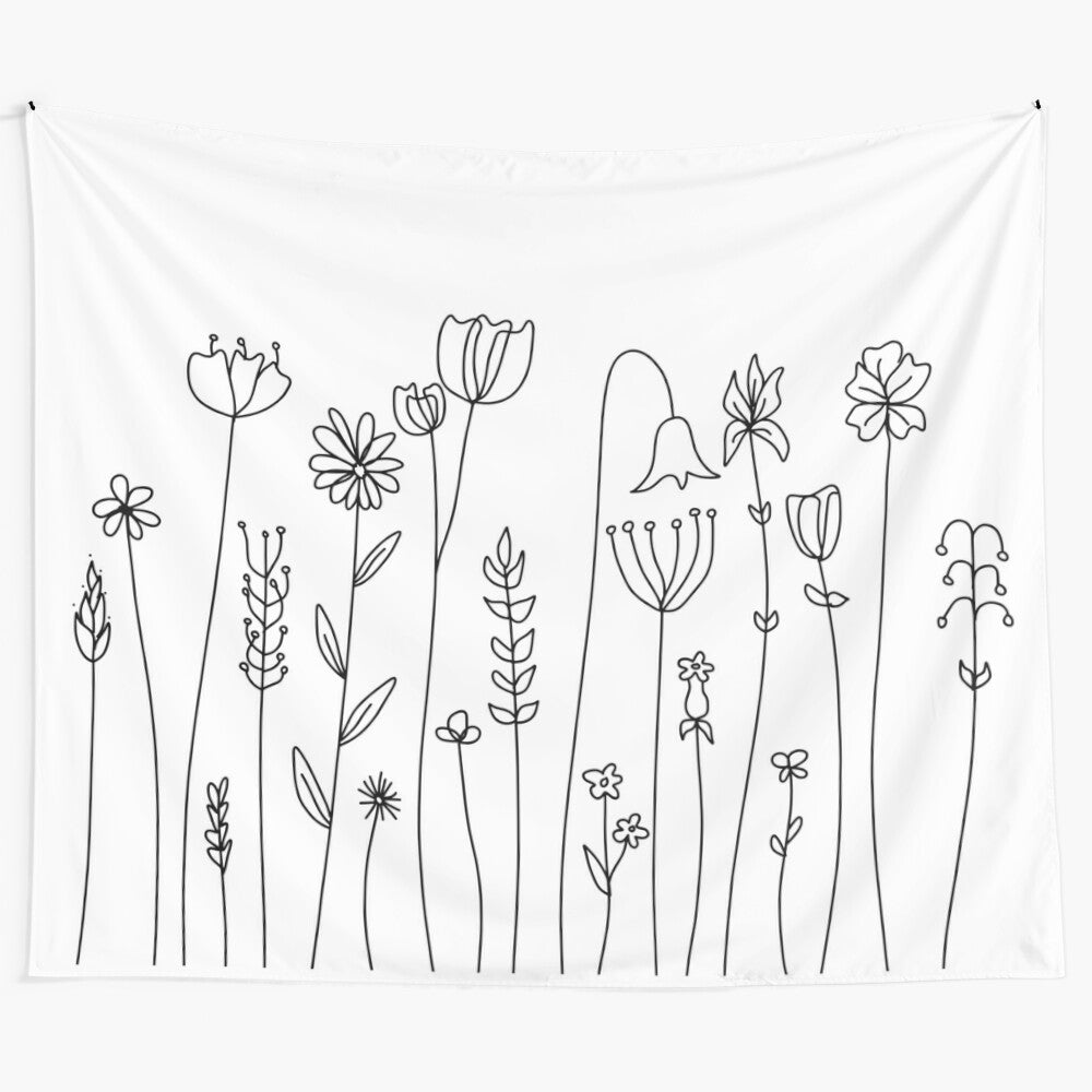 Minimalist black and white line art drawings of flowers and botanical elements