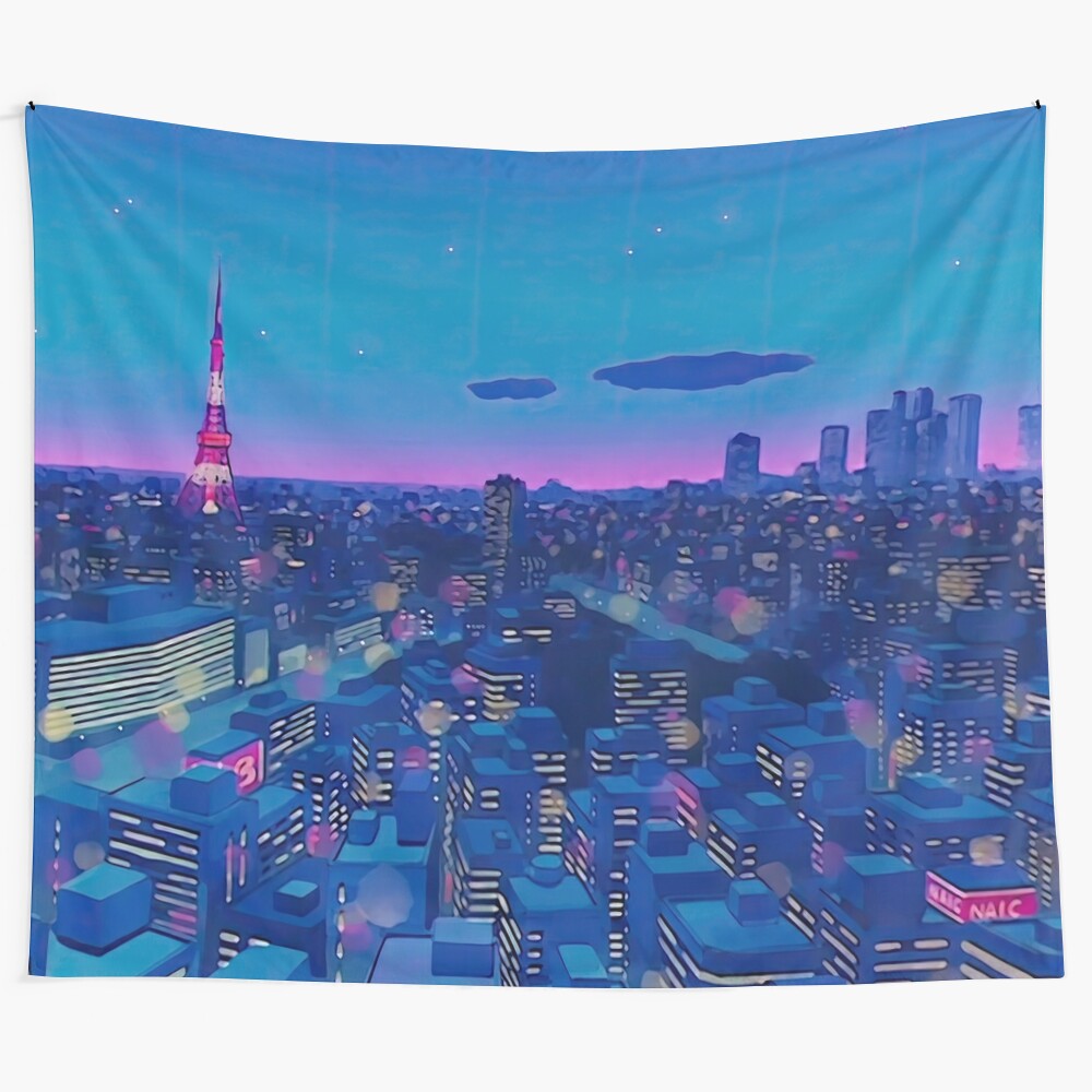 Vibrant Tokyo cityscape tapestry with retro aesthetic and synthwave influence