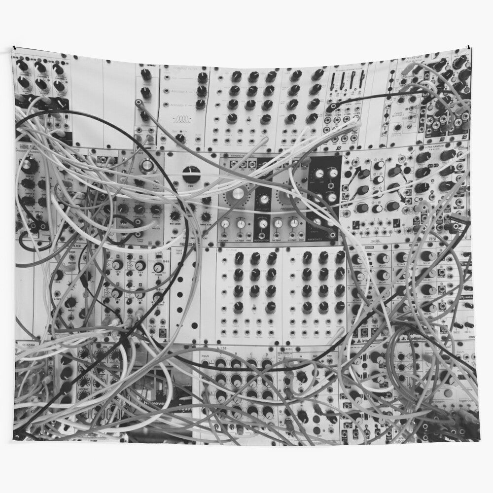 Analog modular synthesizer-inspired black and white tapestry