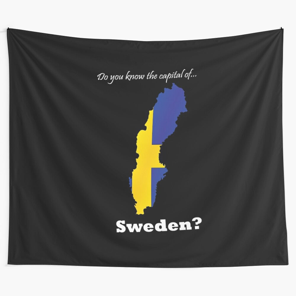 Sweden country map and flag tapestry with "Do you know the capital of Sweden?" text