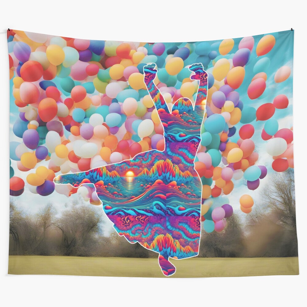 Whimsical tapestry with a surreal dancer figure in a dreamlike, boho-inspired design