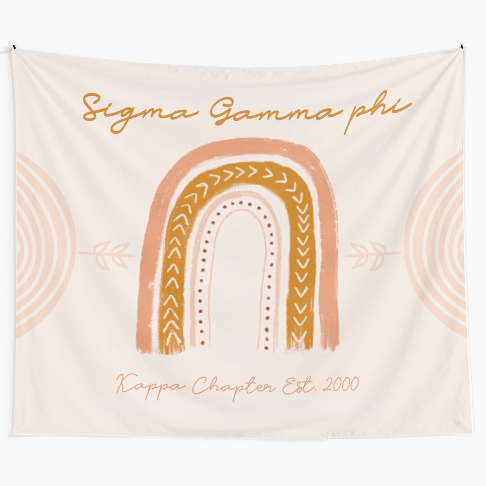 Colorful boho tapestry featuring the Sigma Gamma Phi sorority crest