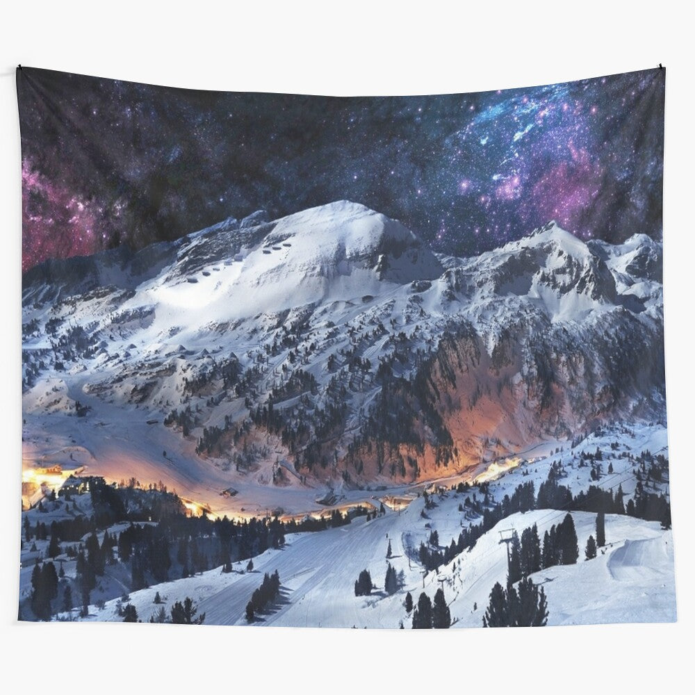 Serene mountain tapestry with a cosmic landscape featuring stars, snow, and forests