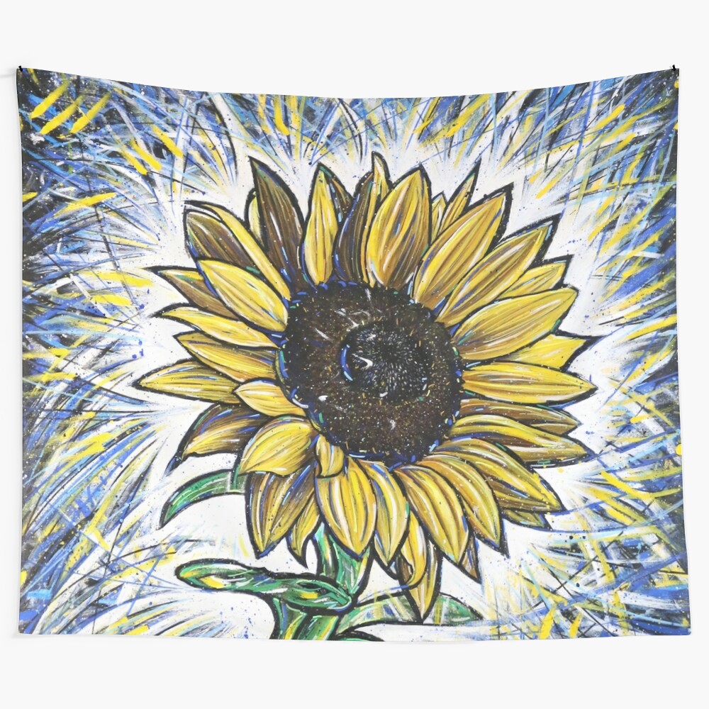 Colorful sunflower art tapestry featuring a vibrant yellow flower with blue background