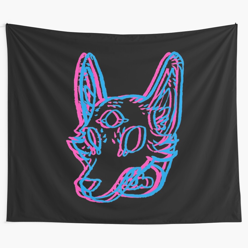 Vibrant 3D space coyote tapestry with neon colors and a trippy, cosmic design