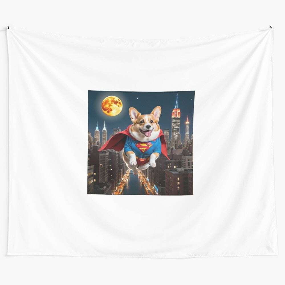 Super Corgi Tapestry featuring a heroic corgi in a superhero pose