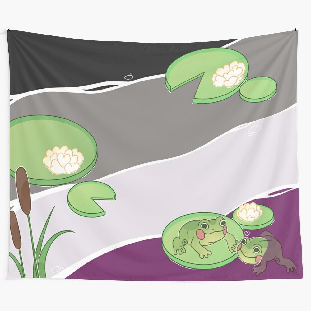 Vibrant asexual pride frog tapestry with cartoon frogs and lily pads