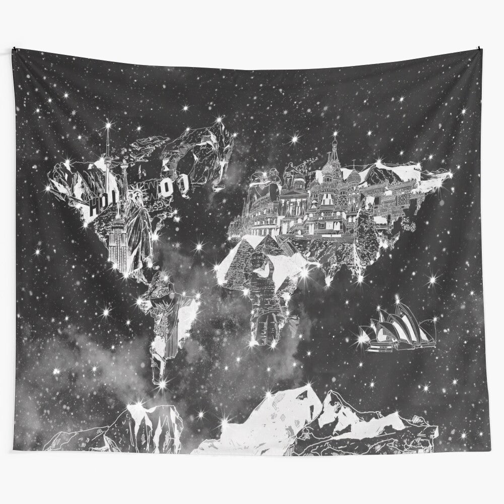 Stunning world map tapestry featuring a galaxy and cosmic elements